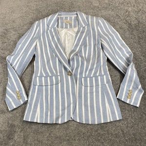 LOFT Blazer Women 00 Petite Blue White Striped Linen Blend Lined Nautical Jacket